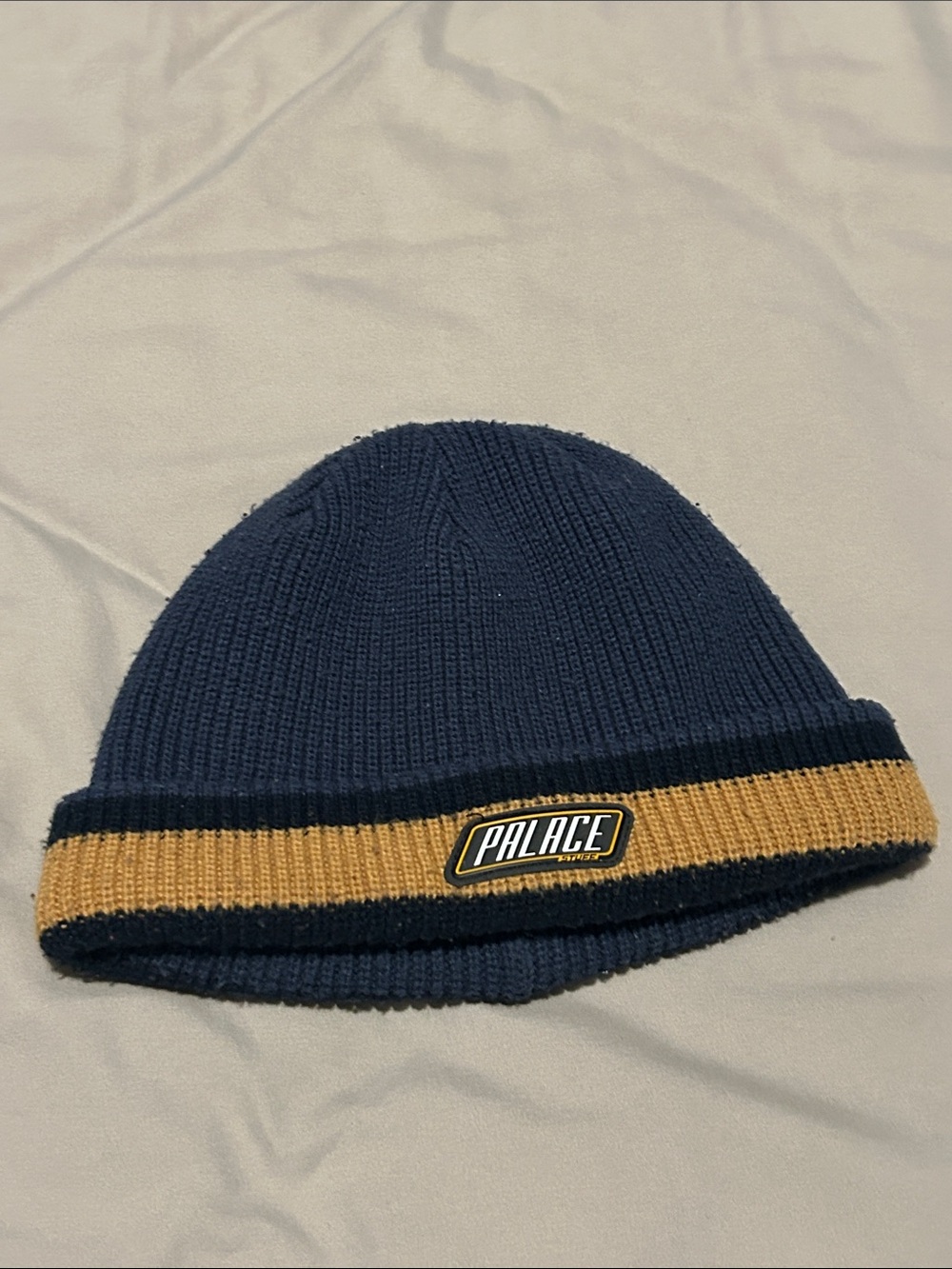 PALACE Navy Beanie with Tan Contrast Cuff and Logo
